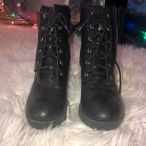 black leather heeled boots